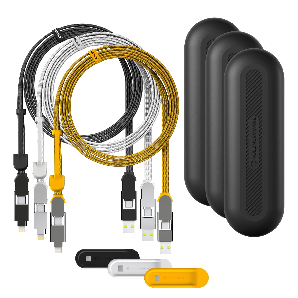 Rolling Square inCharge XL 6-in-1 Multi Charging Cable with 100W Ultra-Fast Charging Power, Portable USB and USB-C Cable, 6.5 Ft/2m, 3 Units Bundle
