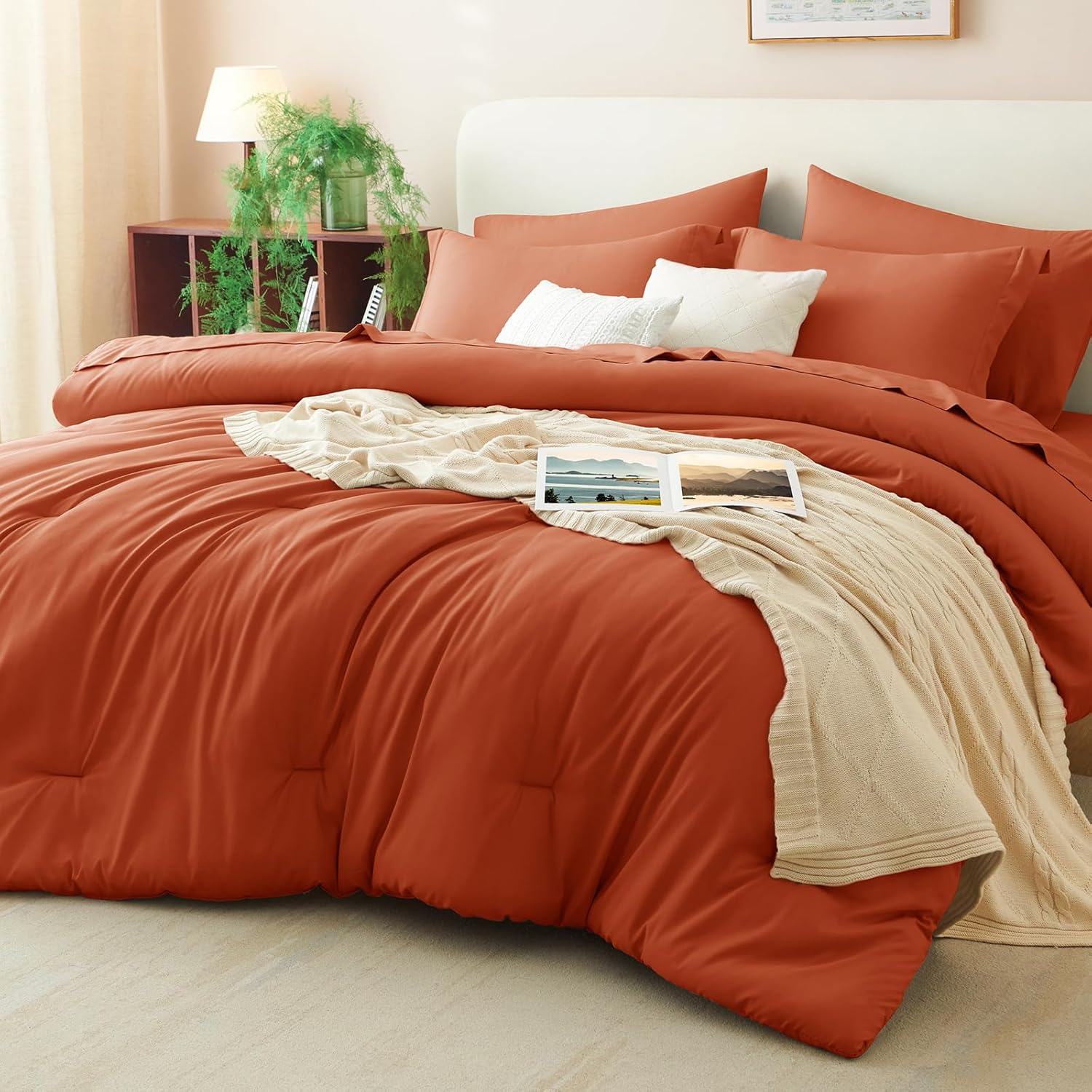CozyLux Queen Comforter Set Burnt Orange, 7 Pieces Bed in a Bag Queen Size Comforter Set with Sheets, Terracotta Bedding Sets with Down Alternative Comforter, Sheets, Pillow Shams and Pillowcases