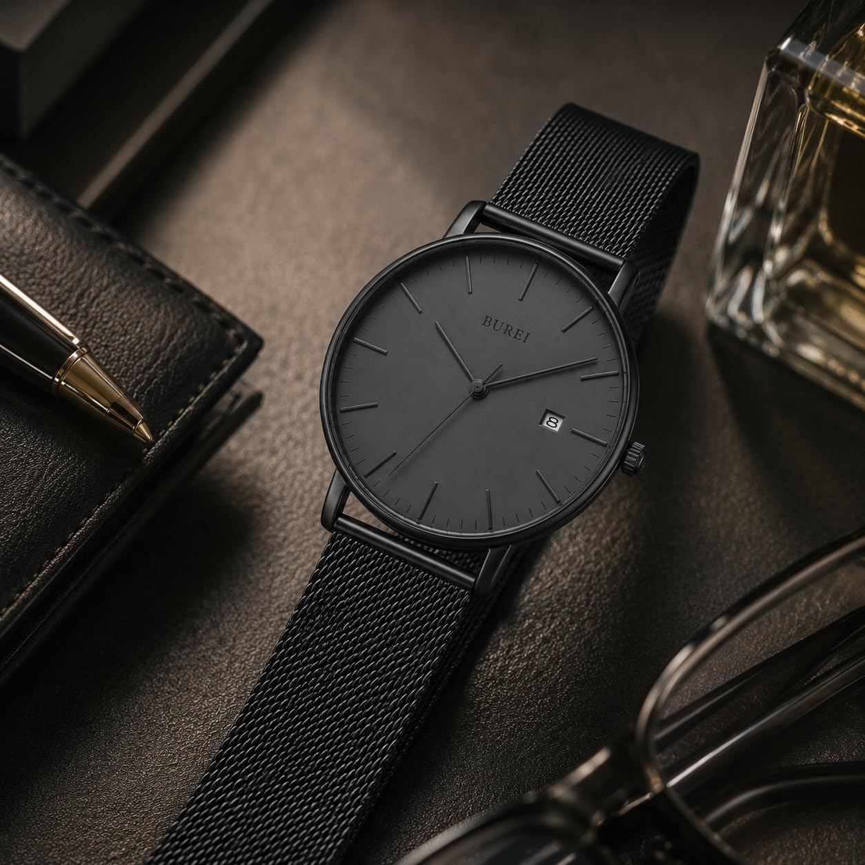 BUREI Ultra Dünne Uhren Herren mit Japanischem Quarzwerk – Nur 6,6mm Flache Armbanduhr Herren aus Edelstahl-Mesh, wasserdicht | Minimalistische Herrenuhr für Sport & Freizeit | Geschenk für Männer