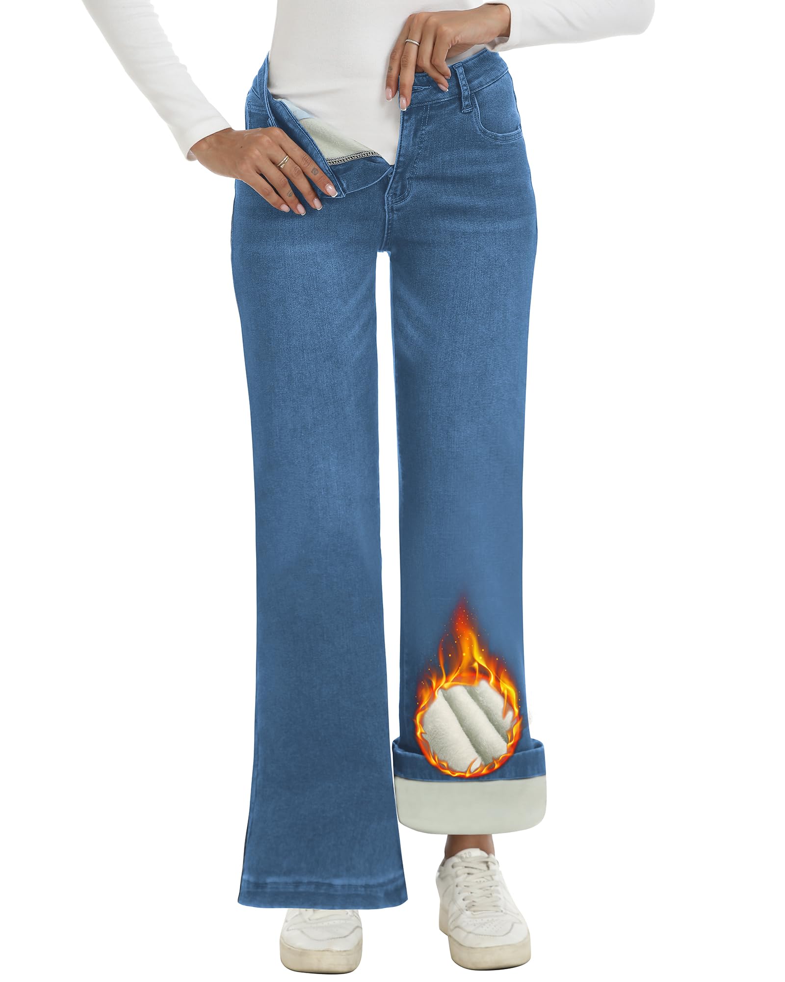 LOOKUB Fleece Lined Jeans Women High Waisted Stretchy Winter Jeans Warm Thermal Pants Thick Bell Bottom Wide Leg Jeans Woman