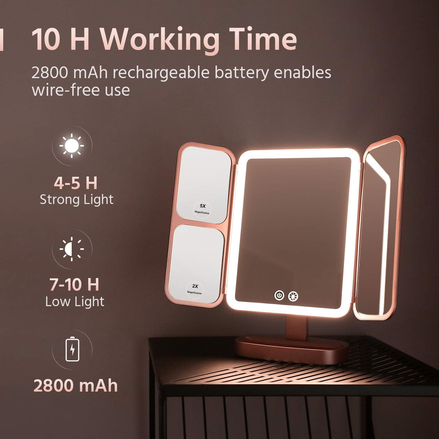 EASEHOLD Makeup Mirror Vanity 66 LEDs Lighted Rechargeable 3 Color