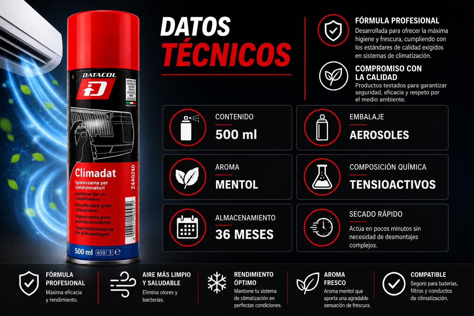CLIMADAT Spray higienizante aire acondicionado 500 ml – Pack 6 unidades – Eliminador de olores y bacterias – Limpieza de filtros y baterías – Uso hogar y profesional