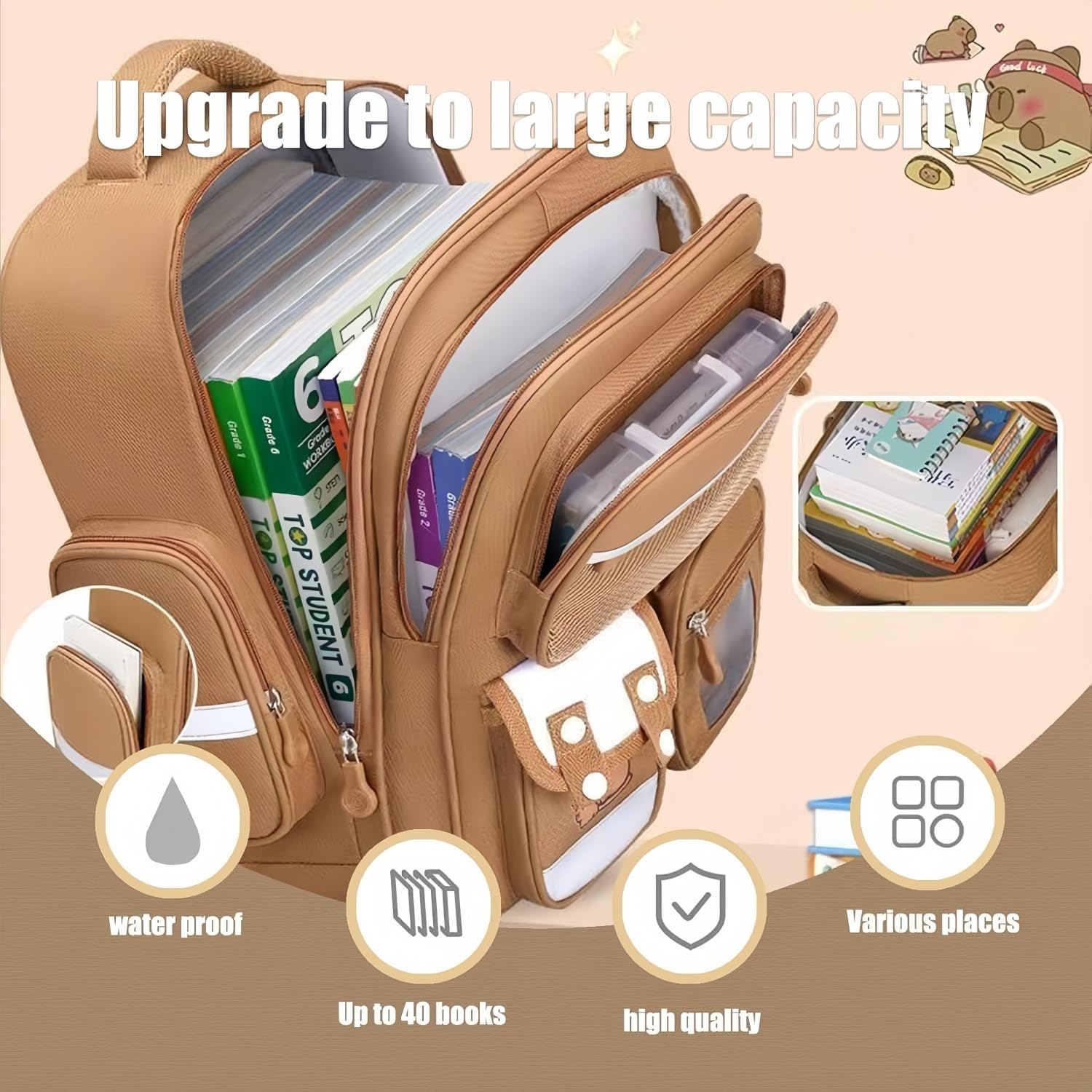 Generisch Capybara Rucksack, Capybara Schultasche für Kinder, Capybara-Schultasche mit Lunchtasche und Schreibwarenset, Schulrucksack Teenager, Geschenk für Teenager und Schüler