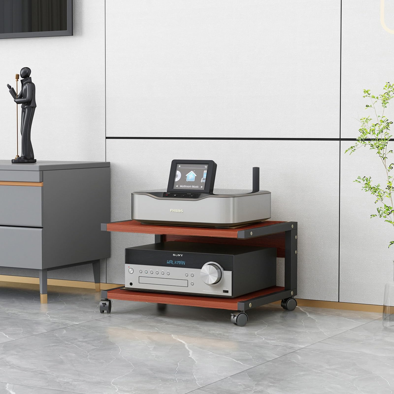 Mueble Equipo Hifi Con Ruedas Universales,Torre De 2 Niveles Estantes For Amplificadores De Parlantes For Tocadiscos,Soporte De Mdf Estante De Audio Estante De Almacenamiento De Componentes Estéreo(Re