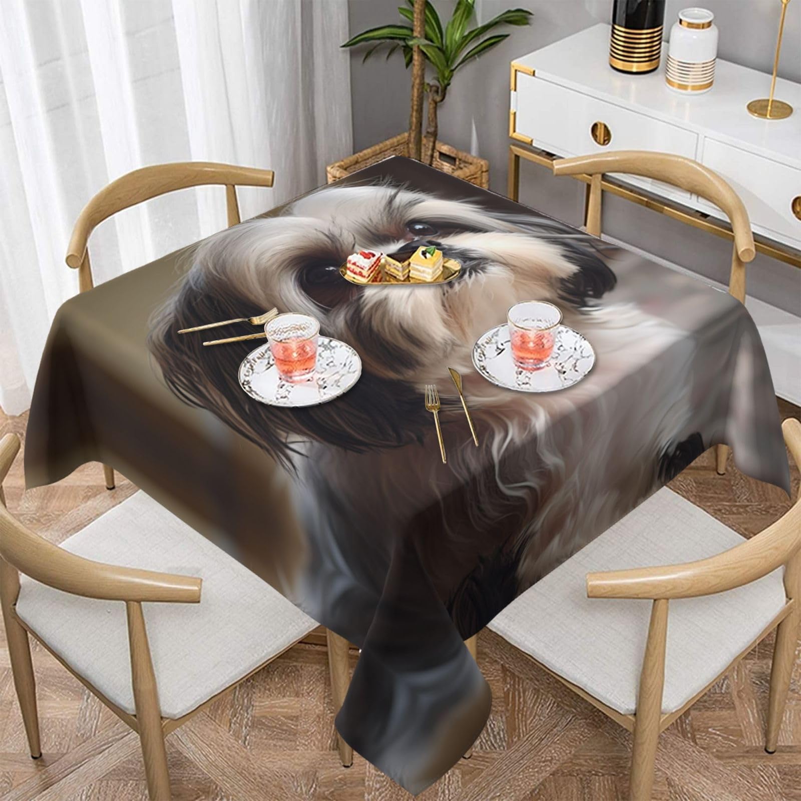 Nappe carrée imperméable 152x152 cm, nappe de table basse imprimée Shih Tzu lavable