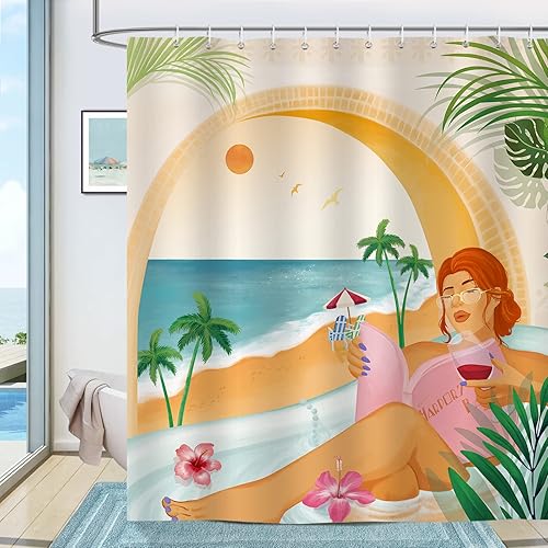 Bonhause Cortina de ducha de baño para mujer 72 x 72 pulgadas moderna abstracta hojas tropicales cortina de baño decorativa de tela de poliéster
