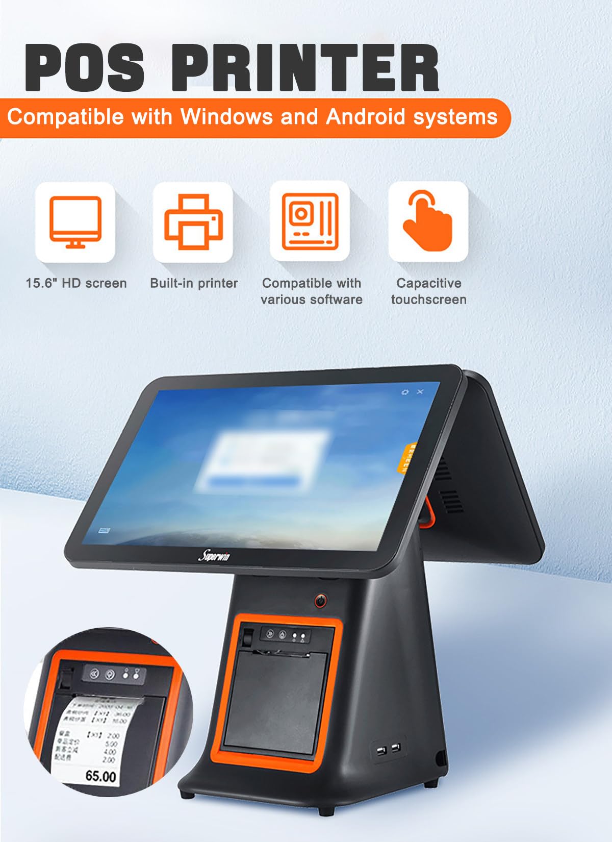Caja registradora inteligente todo en uno con pantalla táctil LCD de 15.6 pulgadas e impresora de recibos integrada, compatible con 30 idiomas, para comercios, restaurantes y sistemas TPV black-B