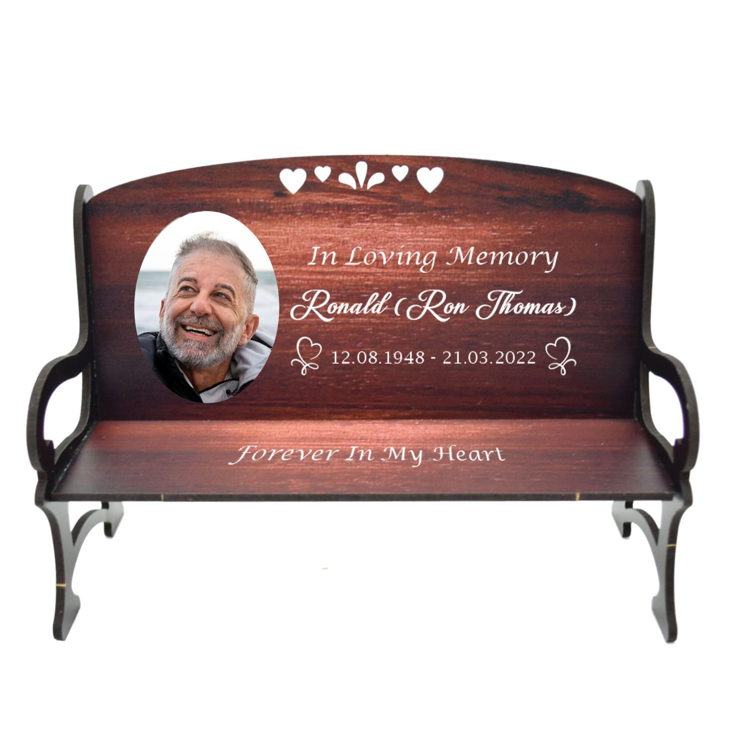 Pixie's Gifts Personalised Bereavement Memorial Photo Bench – Custom Name & Photo – MDF Construction – Easy Assembly – Keepsake Tribute (Mdf Wood 18cm x 12cm x 8cm, Brown)
