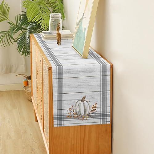 Miniatura 3 de Camino de mesa de otoño con ramas de hojas de calabaza blanca, caminos de mesa de cosecha, Acción de Gracias, rayas grises, grano de madera,