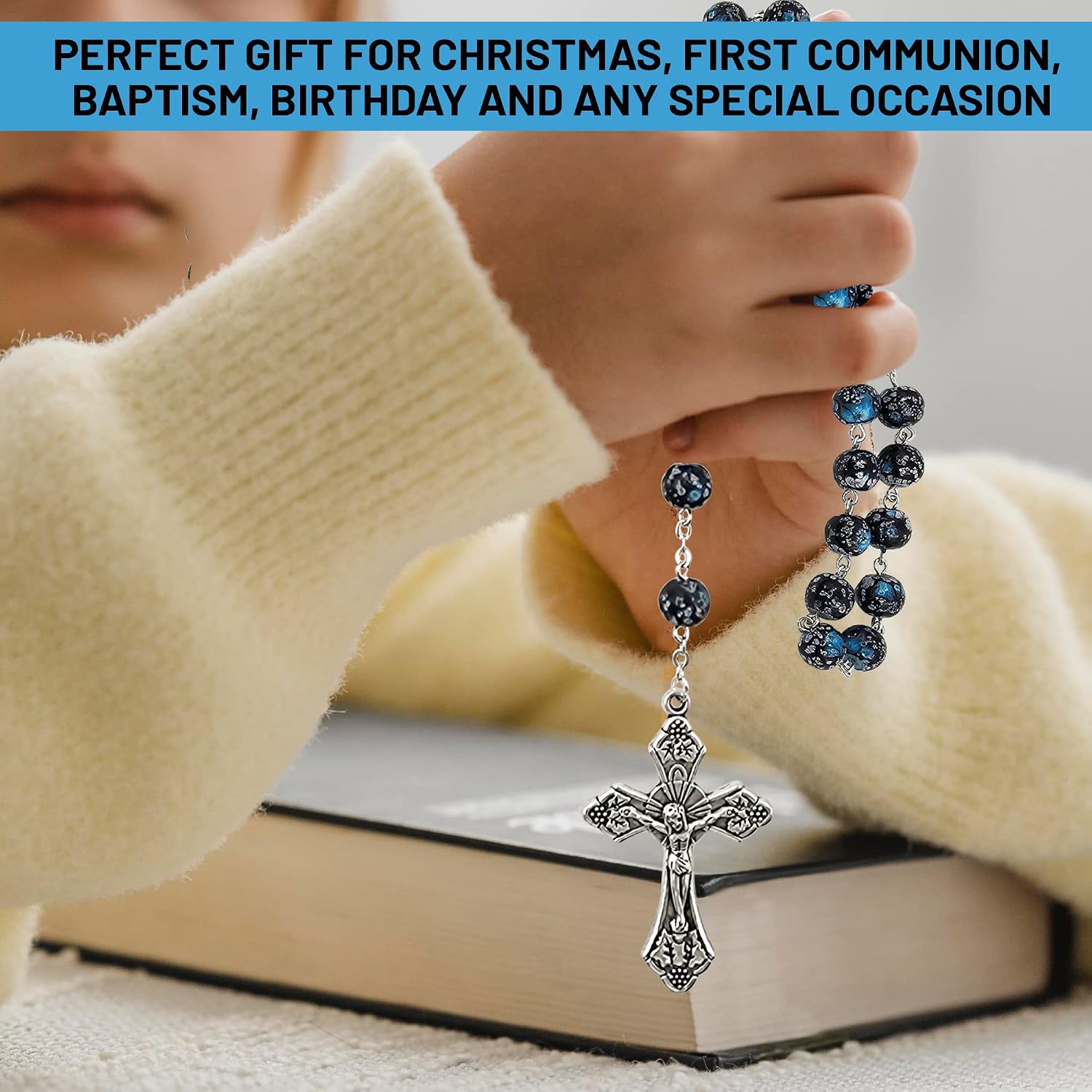 TALISMAN4U Catholic Rosary Necklace Blue Glass Beads Divine Mercy Medal Jesus Cross Crucifix Religious Gift Box