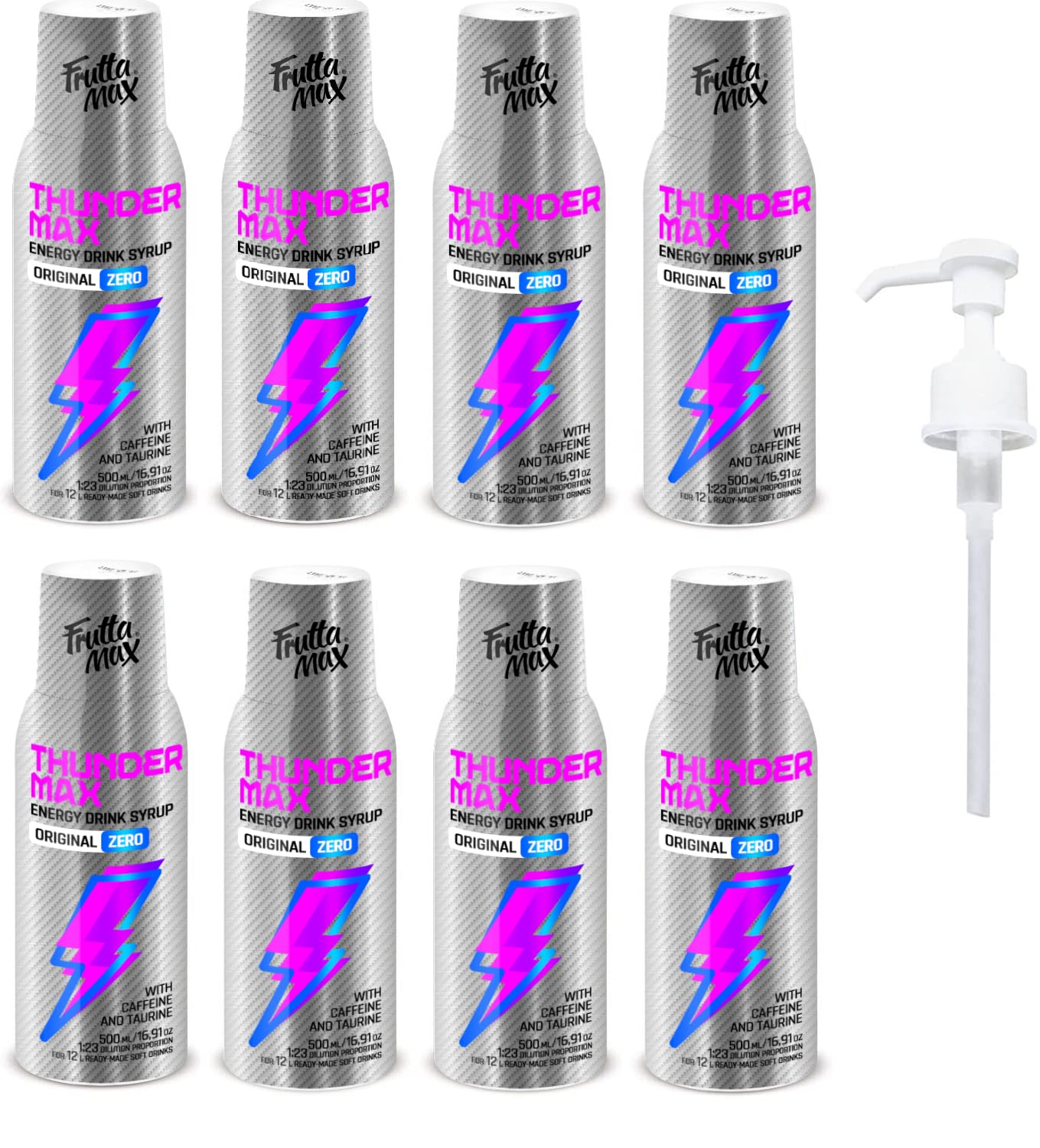 8 paquetes - FruttaMax - Energy Drink Syrup Concentrate | Less Sugar | Suitable for soda Machine (8x500ml) (8xThunderMax ZERO)