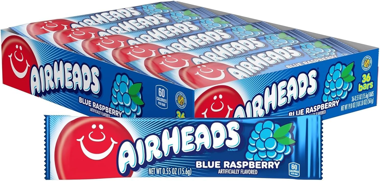 Airheads Candy, Blue Raspberry Flavor, Individually Wrapped Full Size Bars, Taffy, Non Melting, Party, Pack of 36 Bars,0.03 kilogram
