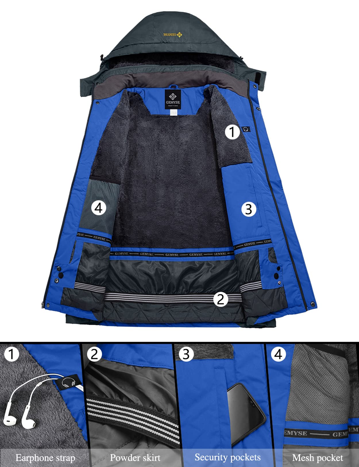 GEMYSE Herren Warme Skijacke Winddicht Wasserdicht Atmungsaktiv Multi-Pocket Outdoor-Winterjacke mit Kapuze