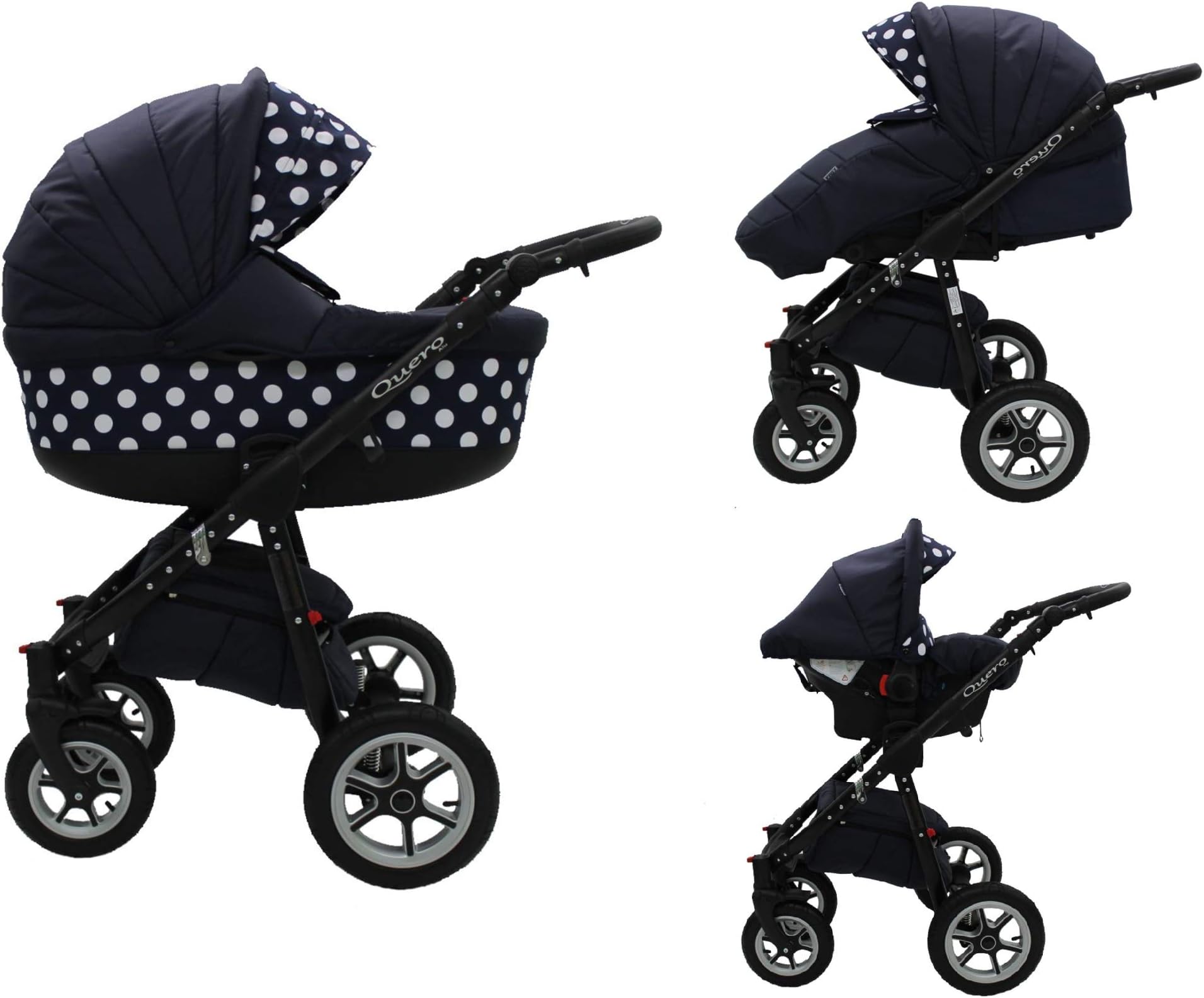 Quero, 3-in-1 Travel System with Baby Pram, Car Seat, Pushchair & Accessories (Black & Black with Polka Dots No. 8)
