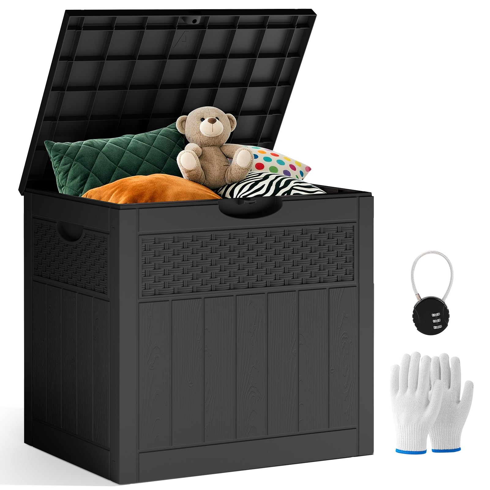 DKIEI 126L Garden Storage Box with Padlock, Lockable Outdoor Storage Box Waterproof for Tools, Cushion, 55.5x43x53 cm, Rattan Pattern, Black — image 1