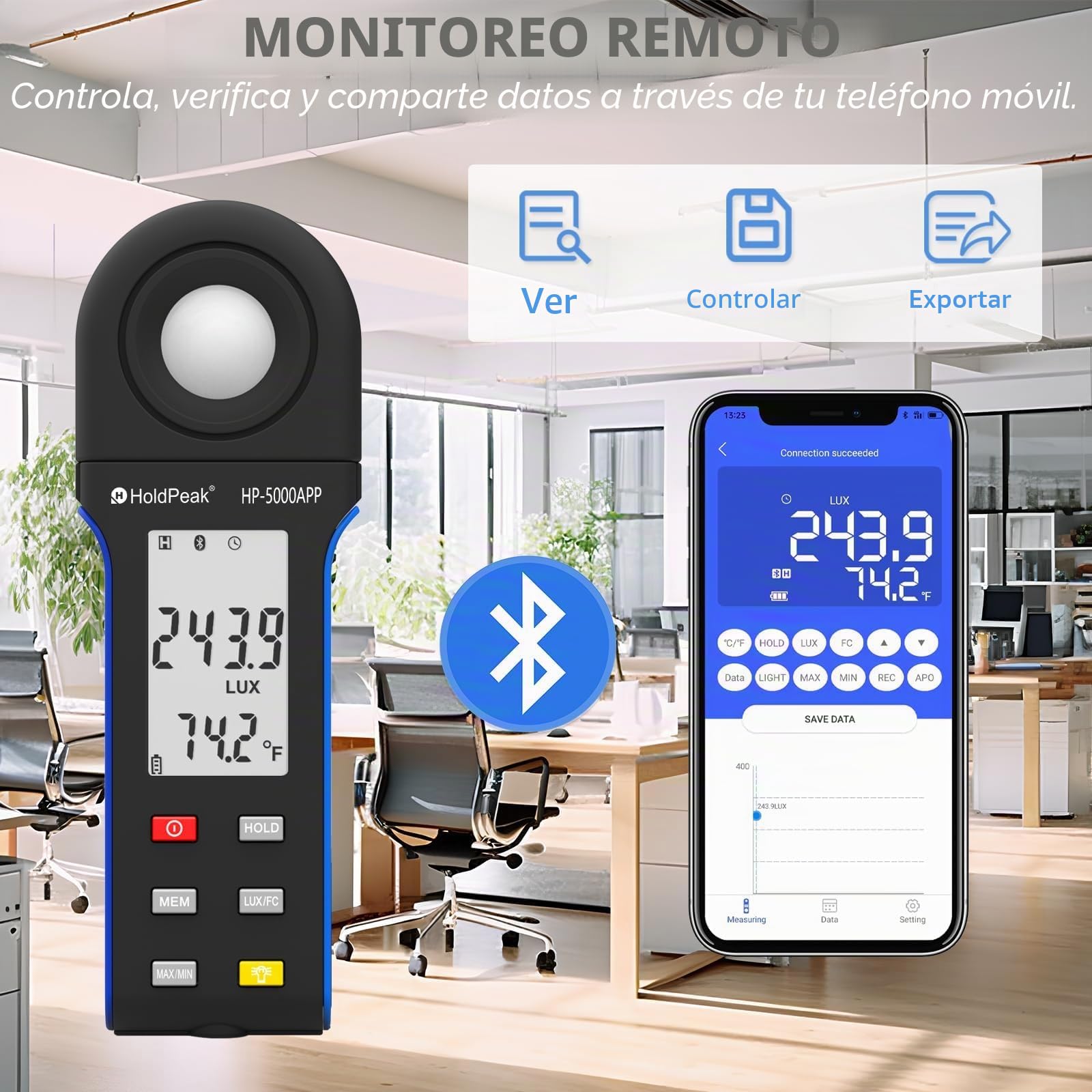 Medidor de luz digital para medición luminosa, 400,000 Lux 5000APP, medidores de luz, medidor digital portátil ambiental, para luz LED/plantas, rotativo 270º, APP Operación