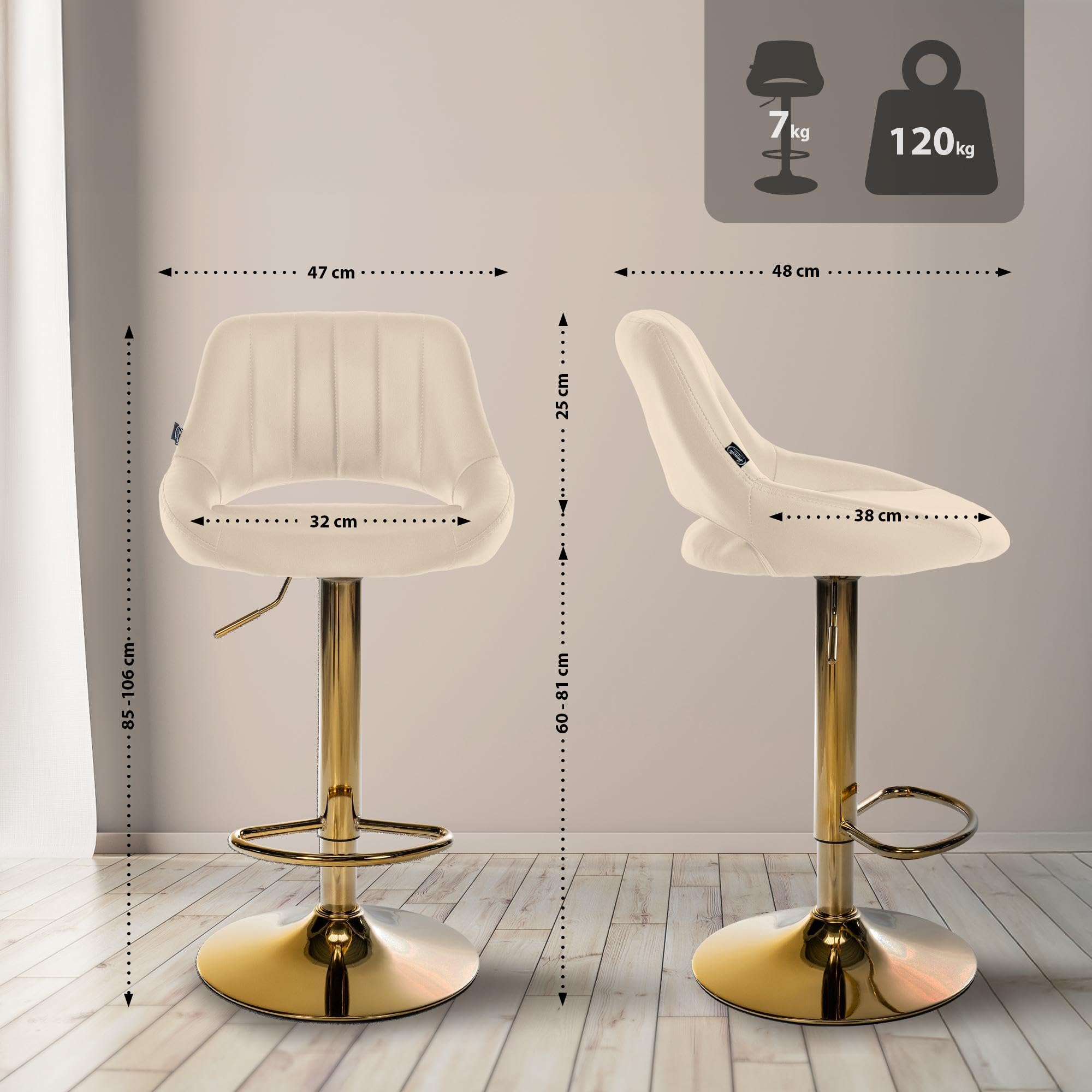 CLP Barhocker höhenverstellbar mit Lehne Milet, Barstuhl gepolstert Kunstleder, Tresenstuhl mit Metallgestell drehbar | Farbe Creme Gestell Farbe Gold