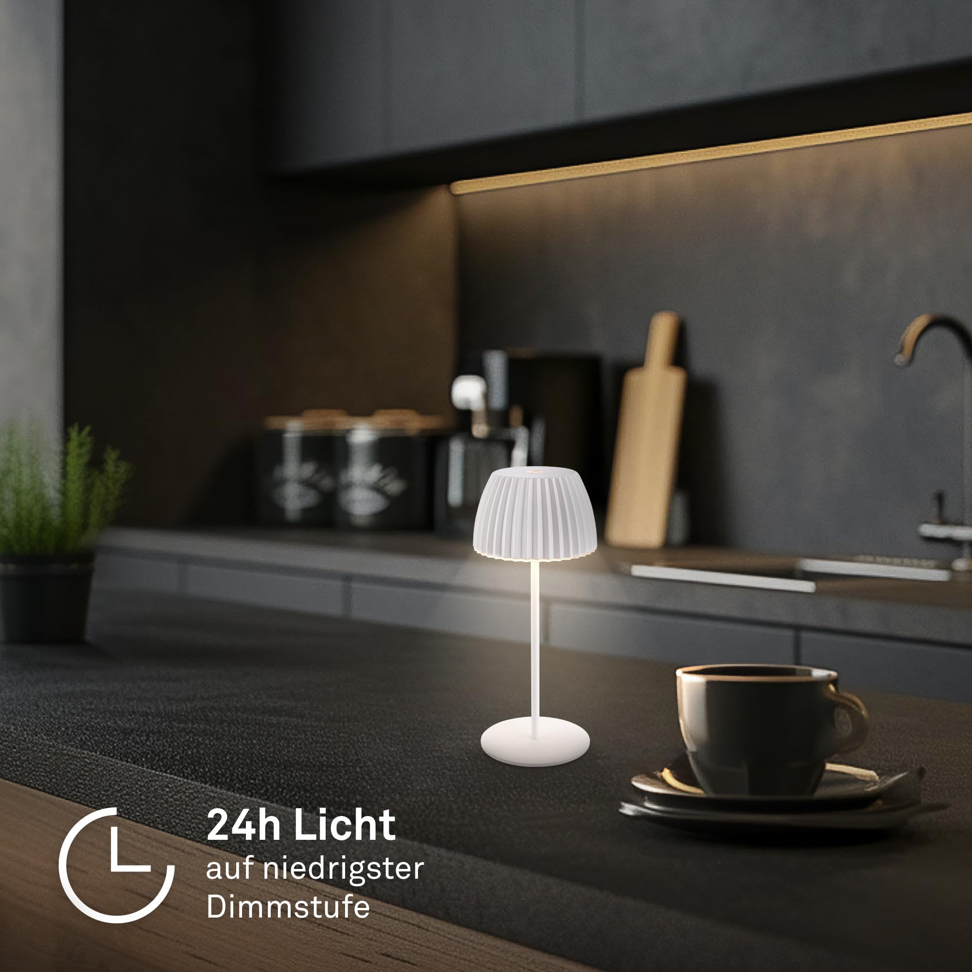 BRILONER - Riffle Mini lampara de mesa sin cable LED inalámbrica IP44 con borde luminoso, regulador táctil, lampara mesita noche sin cable, ganadora del German Design Award 2025, 8,5x20 cm, blanco