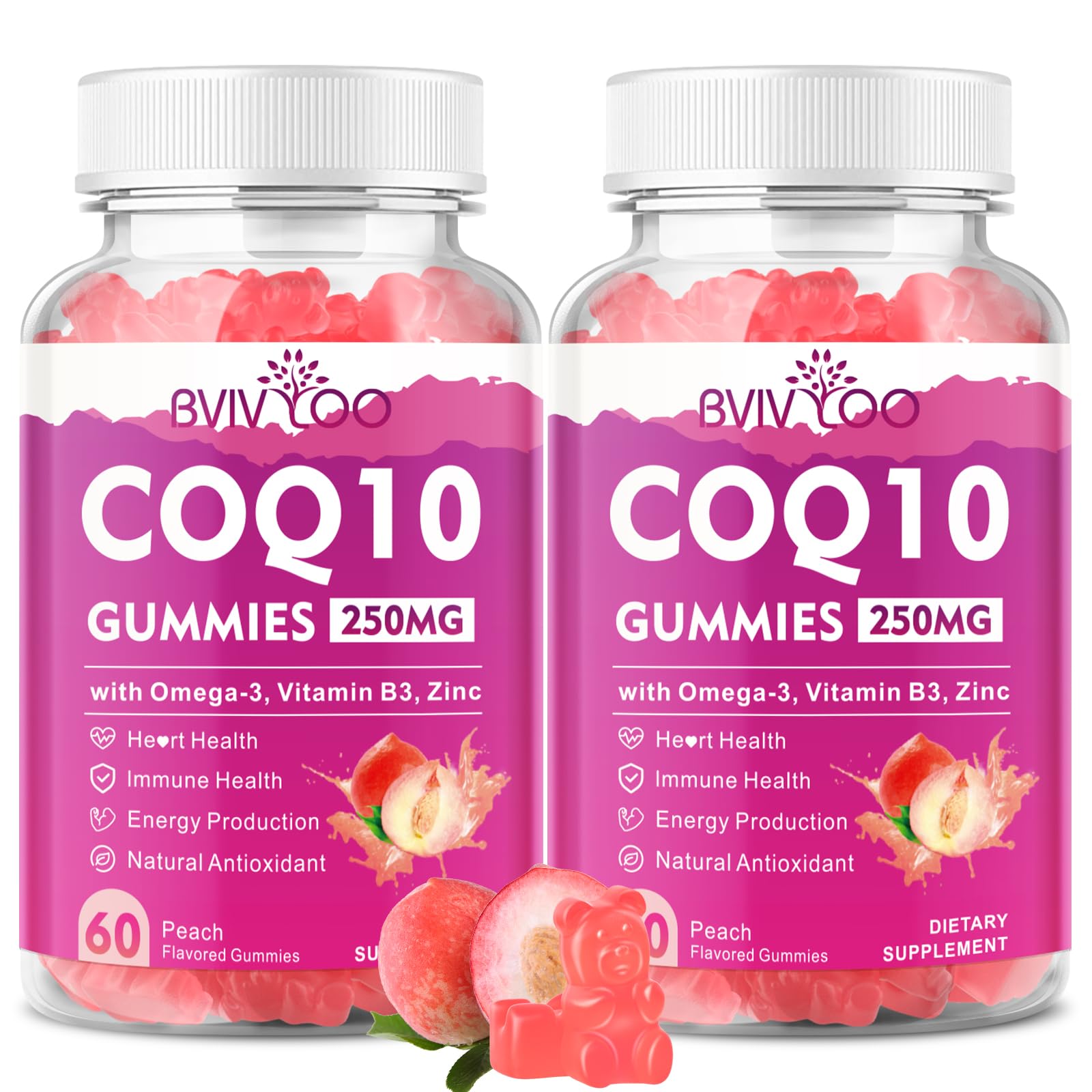2 Pack CoQ10 Gummies 250mg, Plus Omega-3, Vitamin B3 & Zinc, Magnesium - High Absorption Coenzyme Q10 Supplements for Heart Health, Cellular Energy, &