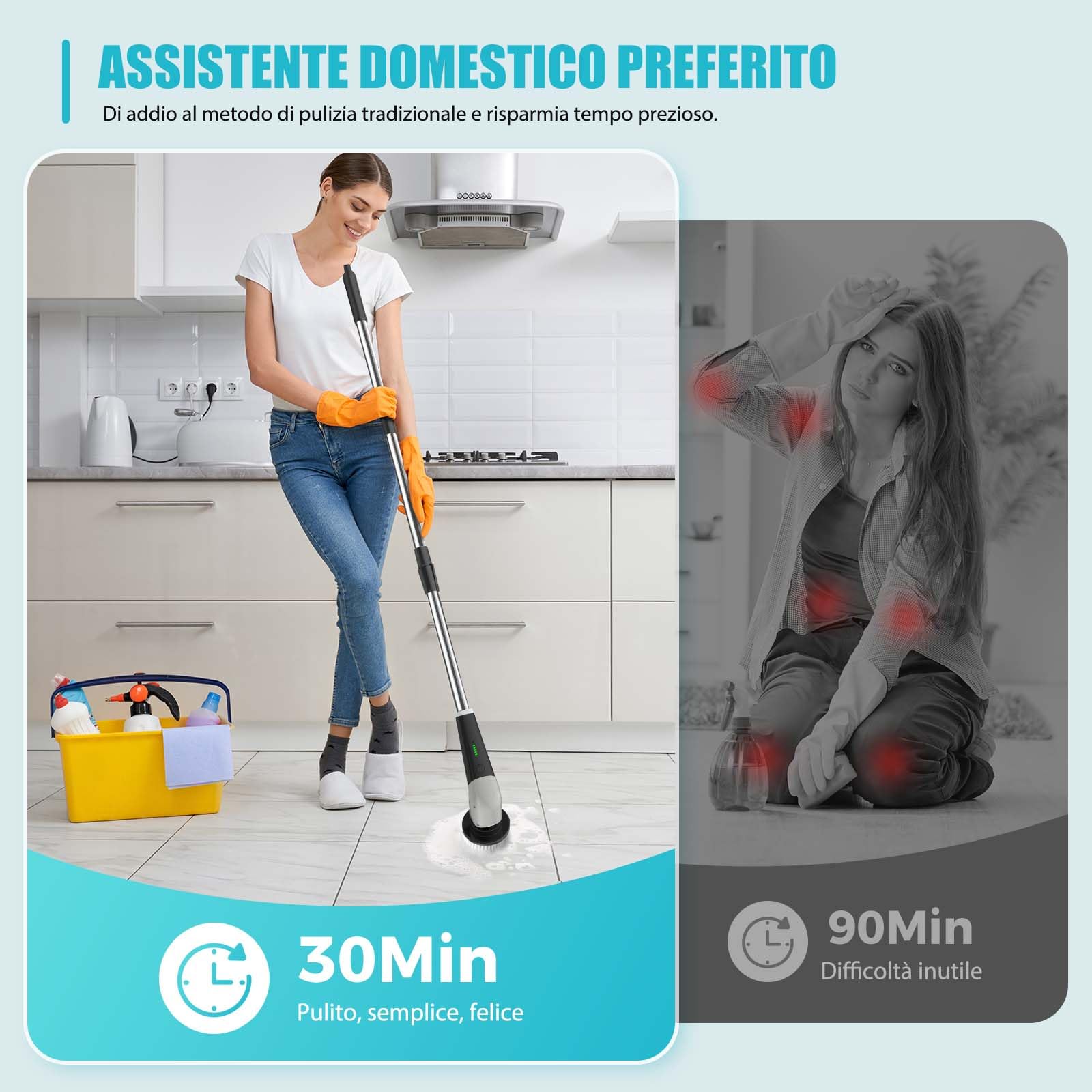 YKYI Spazzola Elettrica Rotante per Pulizia Casa – 8 Testine, Manico Regolabile, 2 Velocità – Spazzola Elettrica Pulizia Casa Bagno Cucina – Spazzola Rotante per Pulizie con USB-C