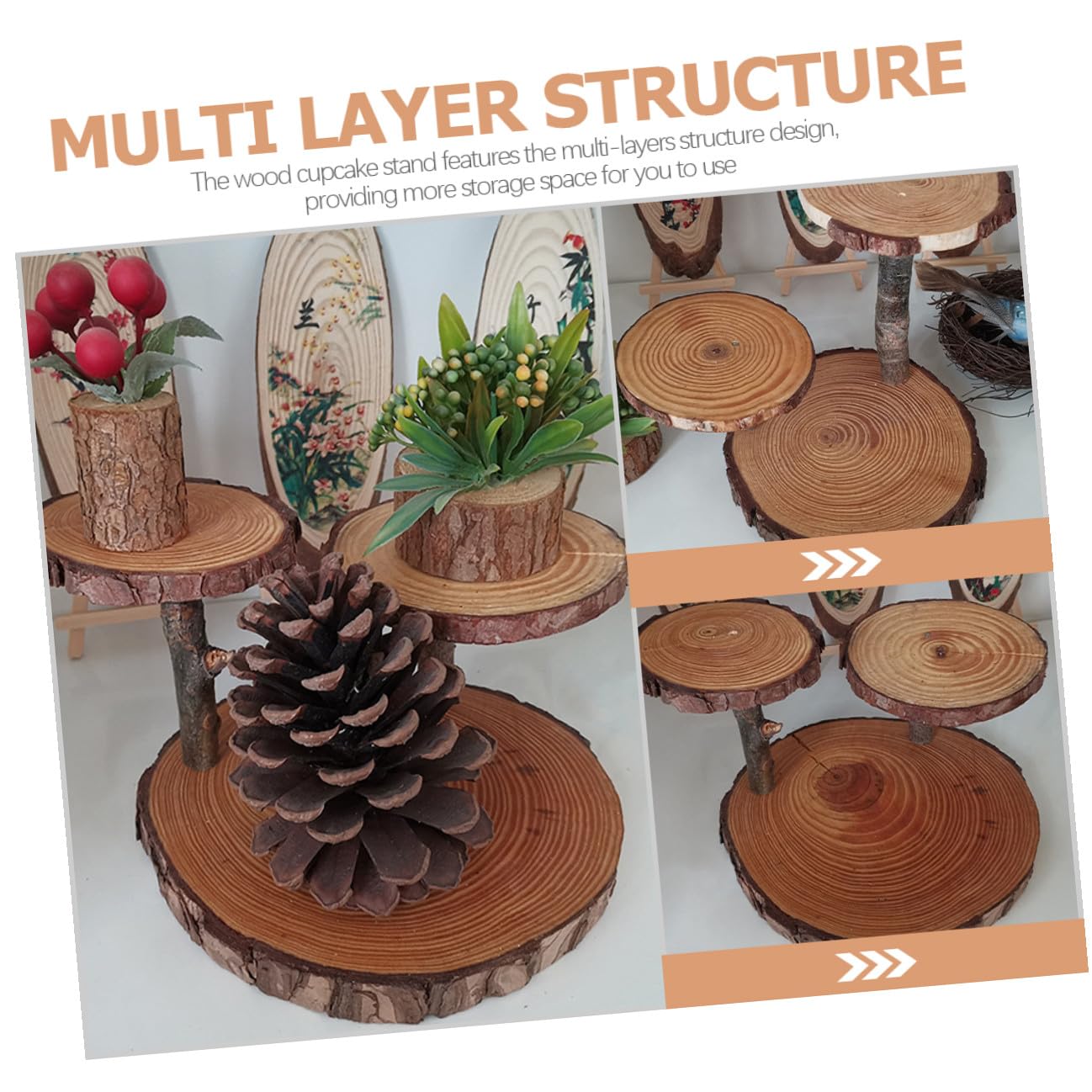 OUNONA Soporte de Madera Rústico para Cupcakes y Postres Bandeja Decorativa Multiusos de 3 Niveles para Mesa y Bodas Expositor para Frutas y Dulces Hogar y Eventos