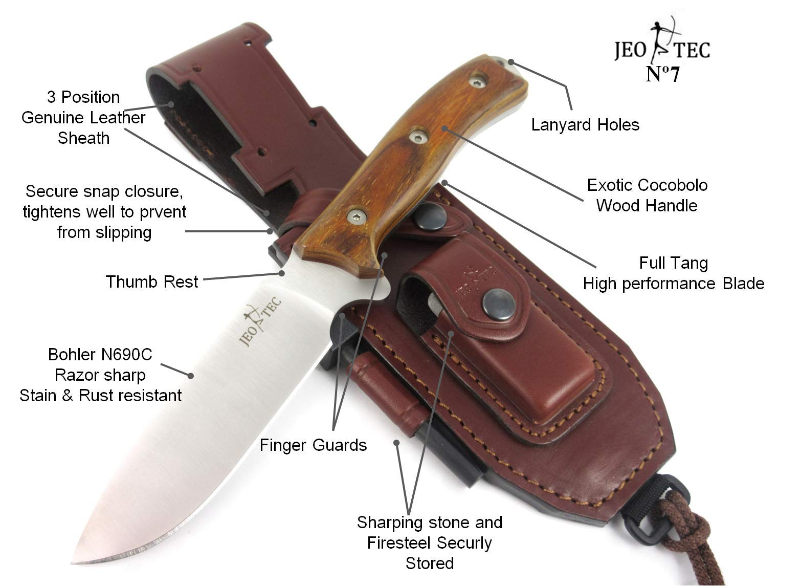 JEO-TEC Nº7 Cuchillo supervivencia caza monte bushcraft camping outdoor campo - Funda de piel con pedernal y piedra afilar incluidos - Acero BÖHLER N690C - Fabricado en España