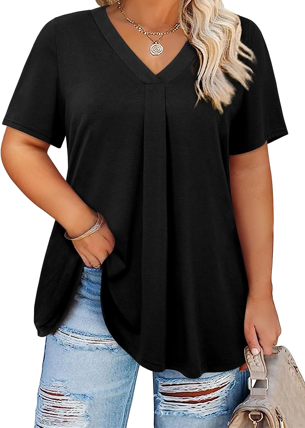 Siddhe Plus Size Summer Tops for Women 2025 Short Sleeve Tunic Tops Dressy Casual Pleated V Neck Shirts XL-5XL
