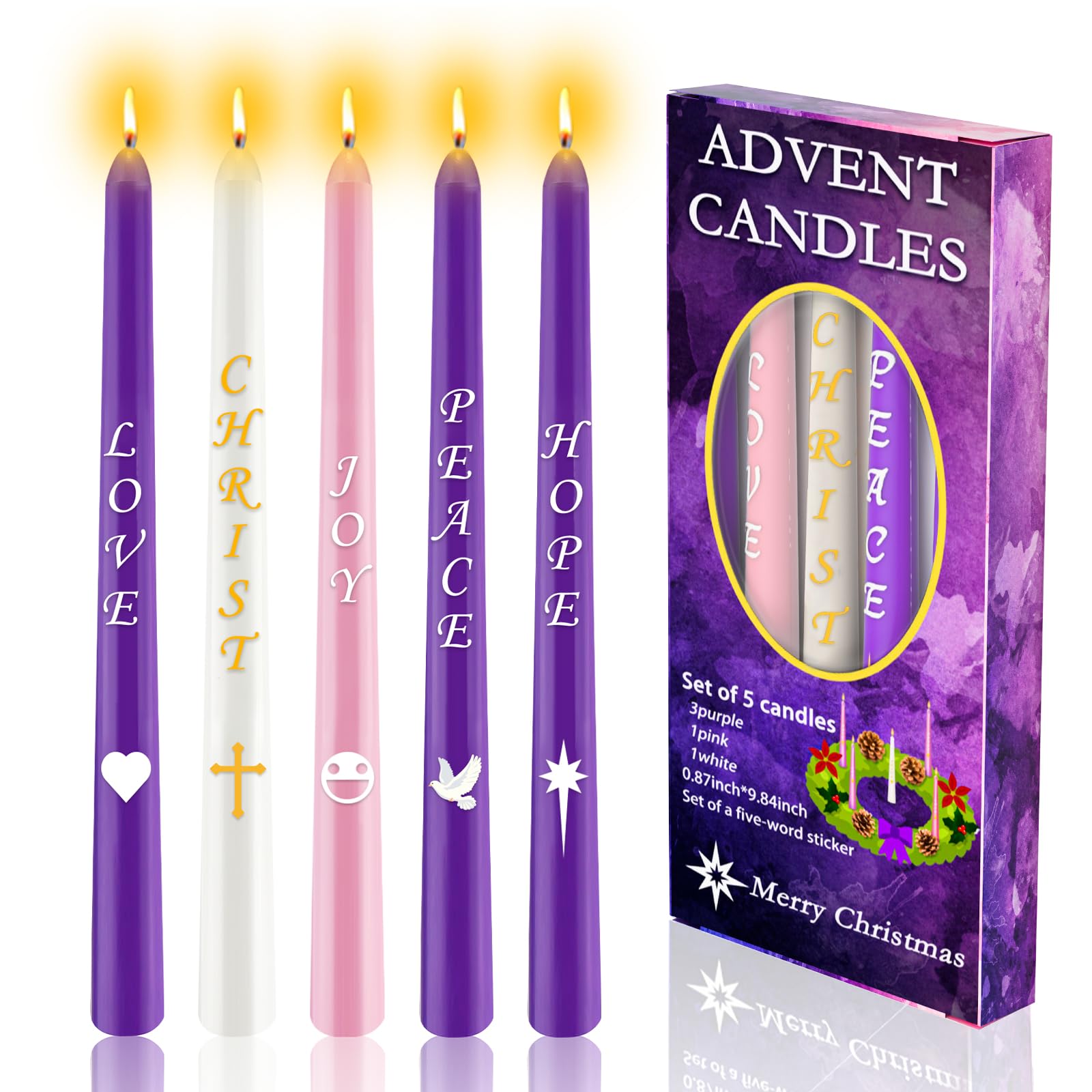 Kenburg Advent Candles Set of 5, Christmas Taper Candle with Letters & Pattern, 10 Inch Dripless Seasonal Candle, Advent Wreath Nativity Candle for Holidays, Church, Devotional, Celebration, Party
