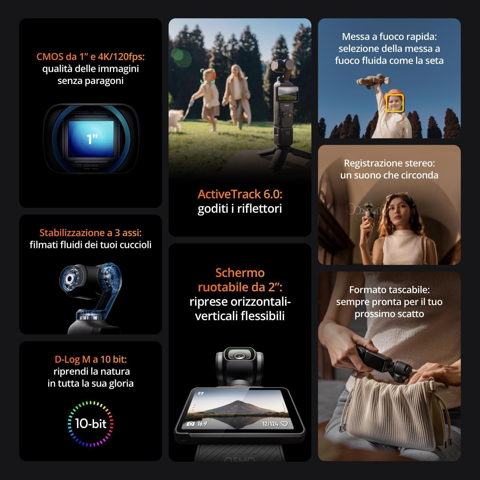 DJI Osmo Pocket 3 Creator Combo, fotocamera digitale con CMOS da 1'' e video 4K/120fps, stabilizzazione a 3 assi, microfono incluso, messa a fuoco rapida per vlogging, selfie e viaggi