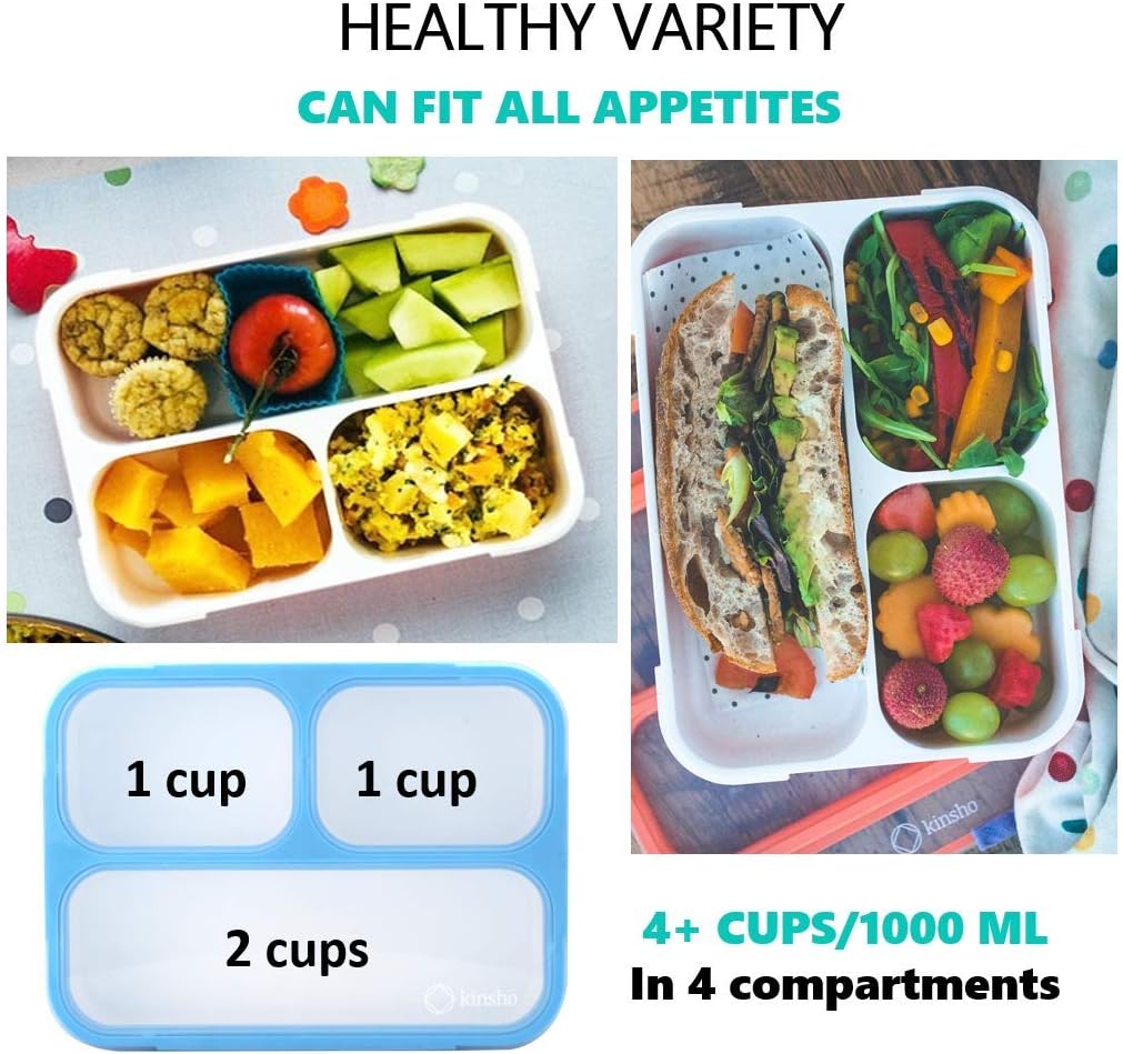 Kinsho Bento Lunch Boxes For Adults Or Kids | Large 3 Compartment Containers With Dividers For Meals And Snacks For School Or Work Lunches, Women Men Includes Utensils | Coral Blue 2 Pack