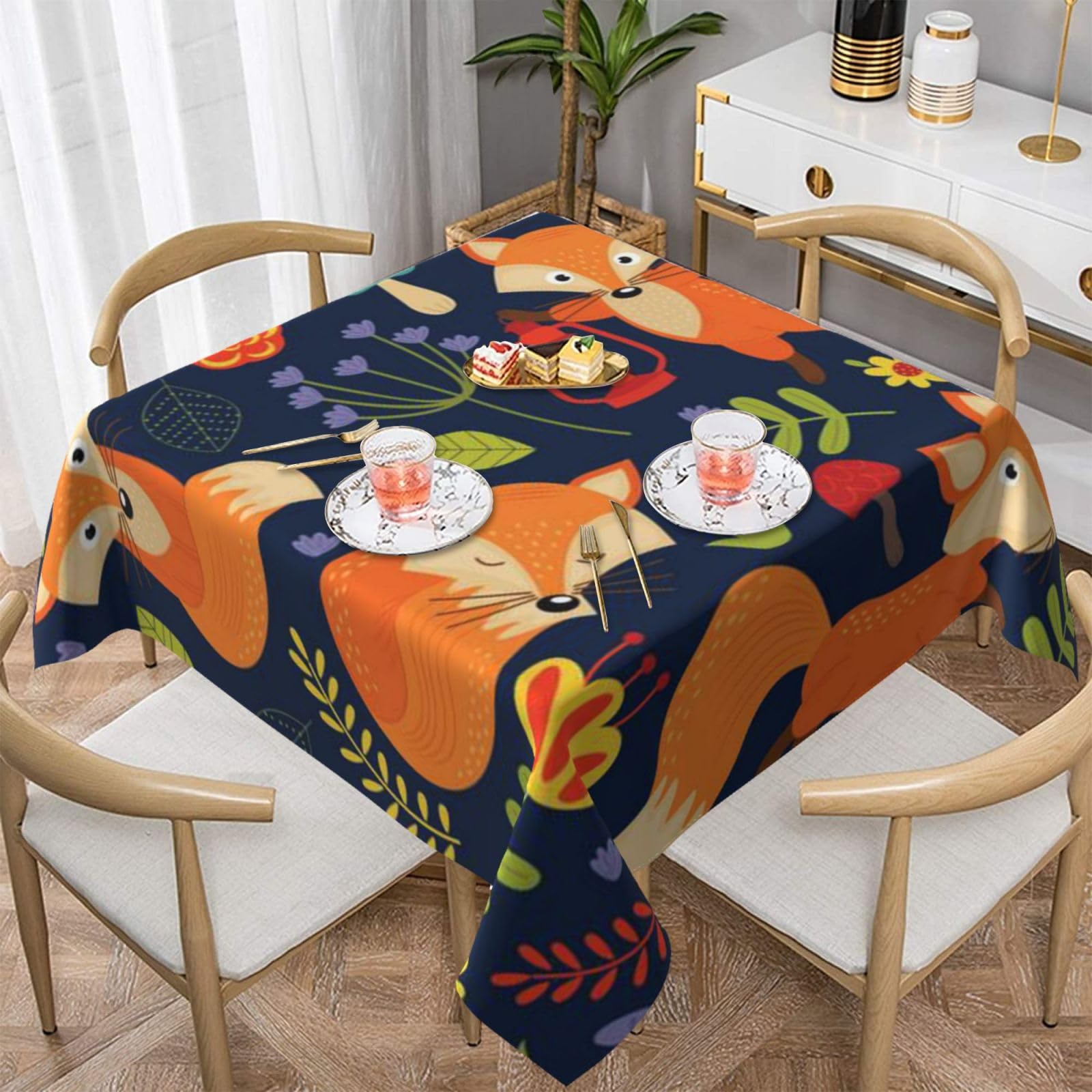 DCEHGEW Cute Animal Fox Flower-r19005 Prints Square Tablecloth 137x137 CM, Waterproof Fabric Table Cloth for Dining Table, Farmhouse Table Cover for Kitchen Dining Tabletop Decoration