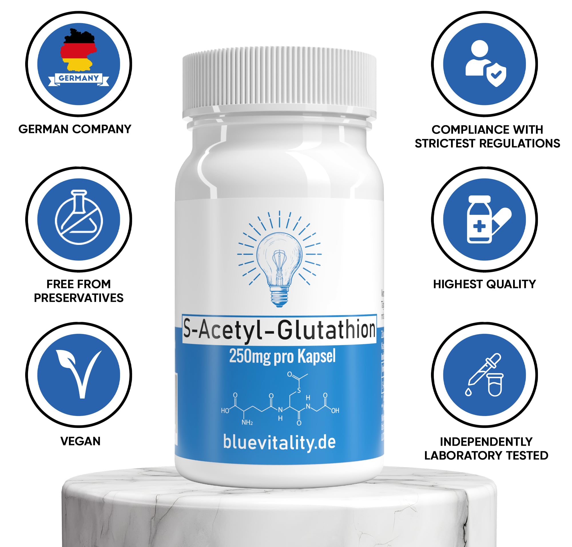 BlueVitality | S-Acetyl-Glutathione | 250mg per daily dose | 60 capsules |  Independently tested and certified in the laboratory: Buy Online at Best  Price in UAE - Amazon.ae