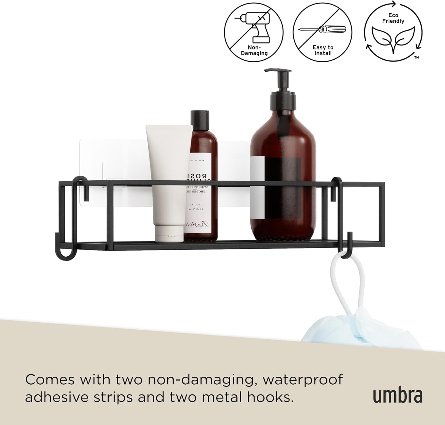 Umbra Cubiko Shower Shelf, Metal Floating Shelves with Adhesive Mounting Strips, 2-Pack, Black