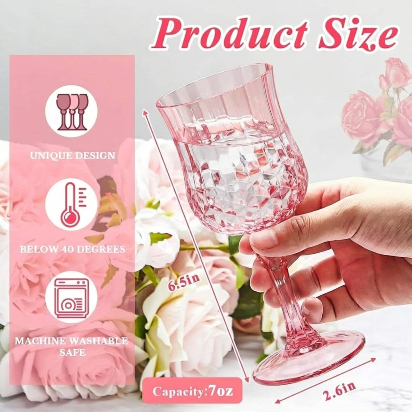 Pinkunn Weingläser aus Kunststoff, wiederverwendbar, bunt, gemustert, Trinkwassergläser, spülmaschinenfest, für Muttertag, Hochzeit, Empfang, Partyzubehör, 24 Stück (Rosa)