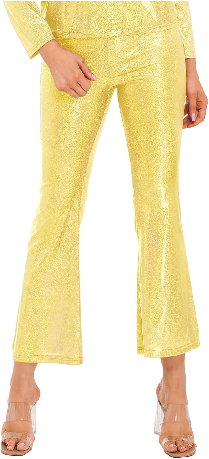 Jugaoge Womens Glossy Long Flared Pants High Waist Bell Bottomed Trousers Dance Party Clubwear