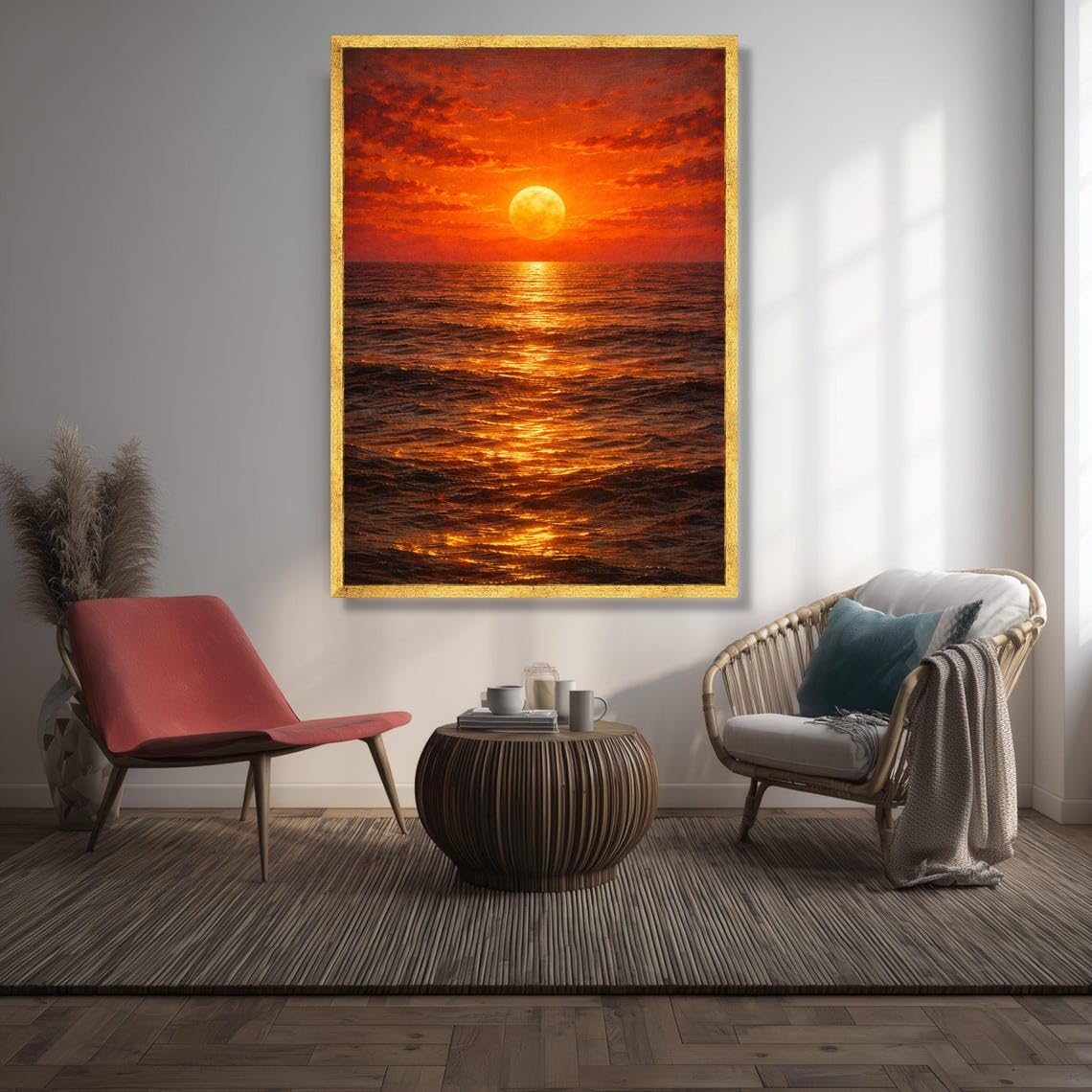 YUSUZHU Goldener Sonnenuntergang über dem Meer – Leinwandbild, Himmels-Wandkunst, Meereslandschaft, Warmes Licht als Wohndekoration, Sonnenuntergangs-Reflexions-Leinwandbild (40x60cm/Rahmenlos)