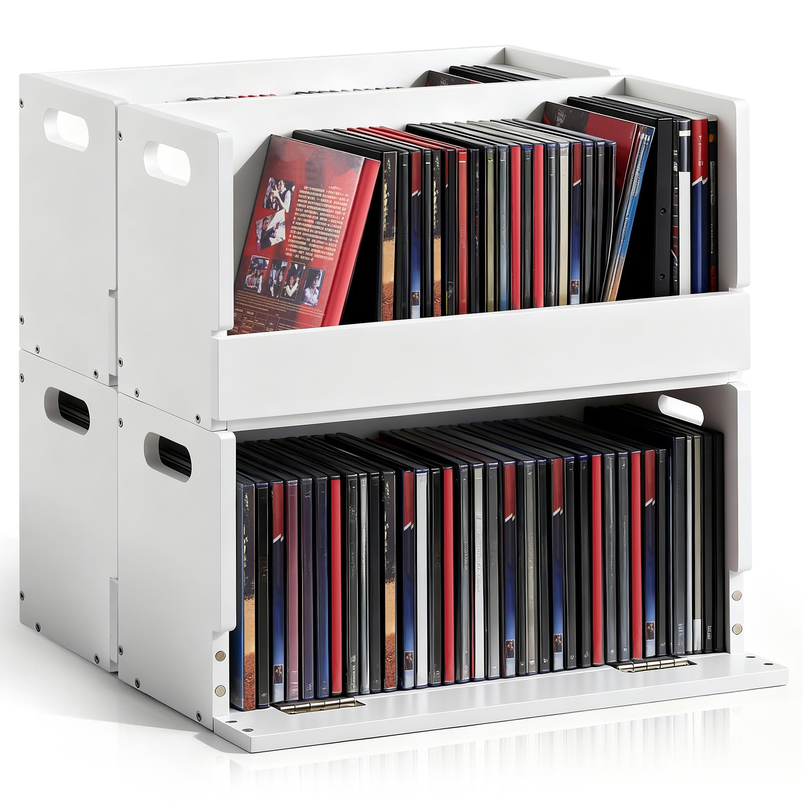 4 Set Wooden DVD Storage Box DVD Storage Shelf Holder Solid Wood Cassette Tape Display Organizer with Carrying Handle for CD, Movie Cases, Each Organizer Can Store up to 26 Boxes (White)