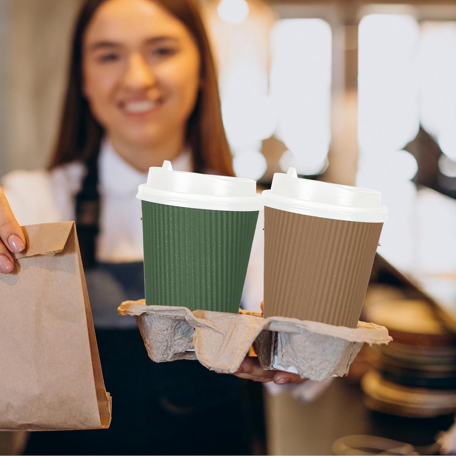 Whaline 100Pcs Woodland Themed Disposable Coffee Cups with Lids 16oz Brown Green Paper Cup Corrugated Ripple Wall Insulated Hot Cup for Home Office Party Supplies