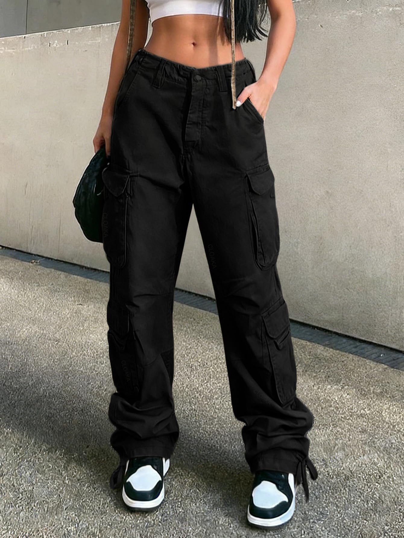 CLOAKA Pantaloni cargo da donna Y2k a gamba larga, per il tempo libero, in cotone, a vita alta, con tasche, Streetwear Cargo