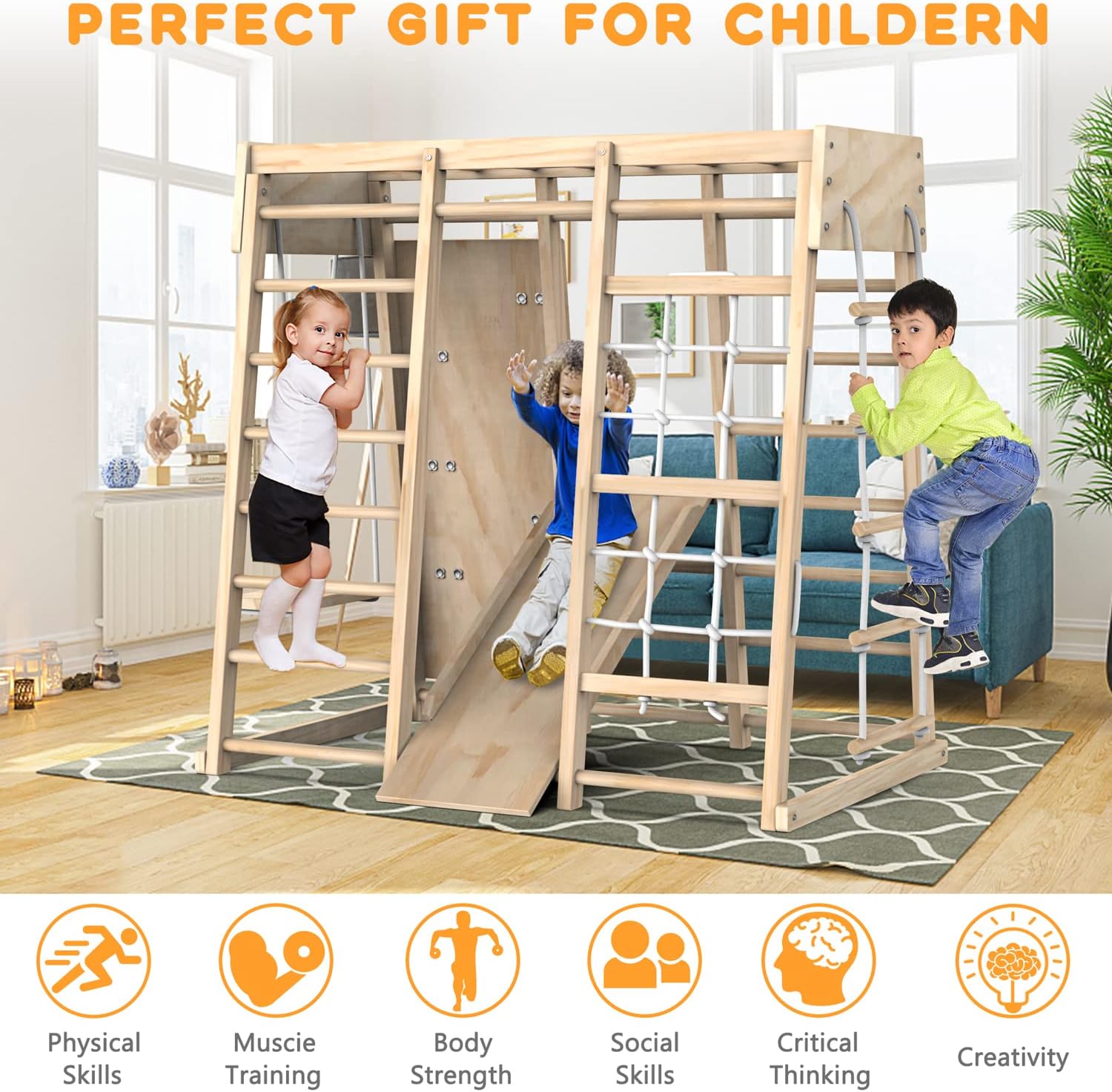 Indoor Jungle Gym, Toddler Climbing Toys Indoor, Indoor Playground Climbing Toys for Toddlers, Climber Playset with Slide, Climbing Rock/Net, Monkey Bars, Drawing Board, Abacus Game and Swing
