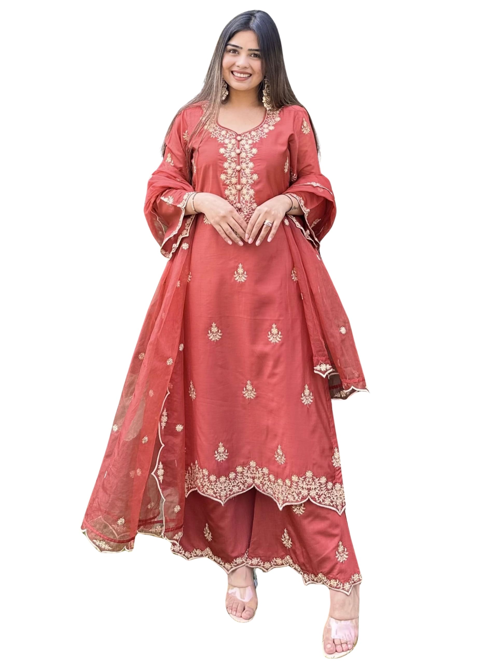 royal export Women's Embroidered Silk Blend Straight Kurta Pant with Dupatta-picture-6