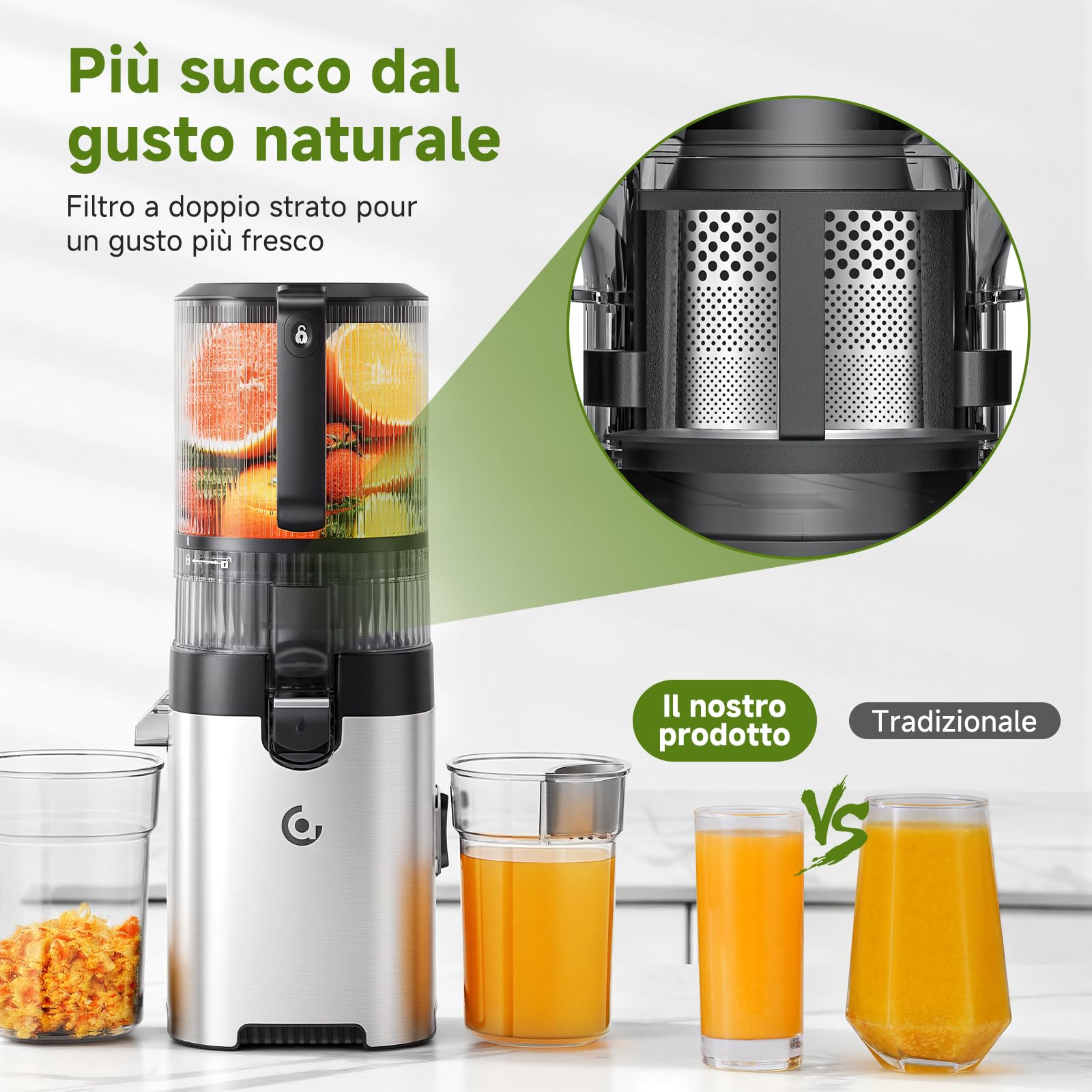 AMZCHEF Estrattore di Succo a Freddo, 158 mm Bocca Larga per Frutta e Verdura Intera, 2.5 L, Facile da Pulire, 2 Filtri per Succo e Gelato, per Famiglie, Genitori e Colazione