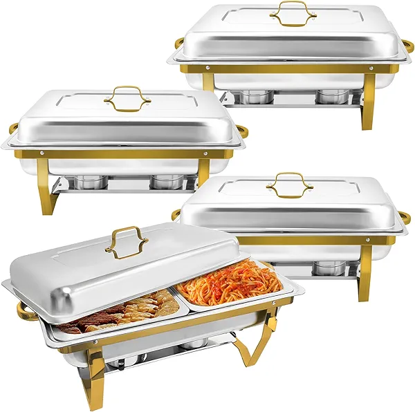 Erweater Chafing Dish Buffet Set 4 Pack, 8 QT Stainless Steel Chafing Dishes for Buffet Elegant Gold and Silver Colors Catering Chafer Warmer Set with Full,Half,1/2 Food Pan, for Parties Wedding