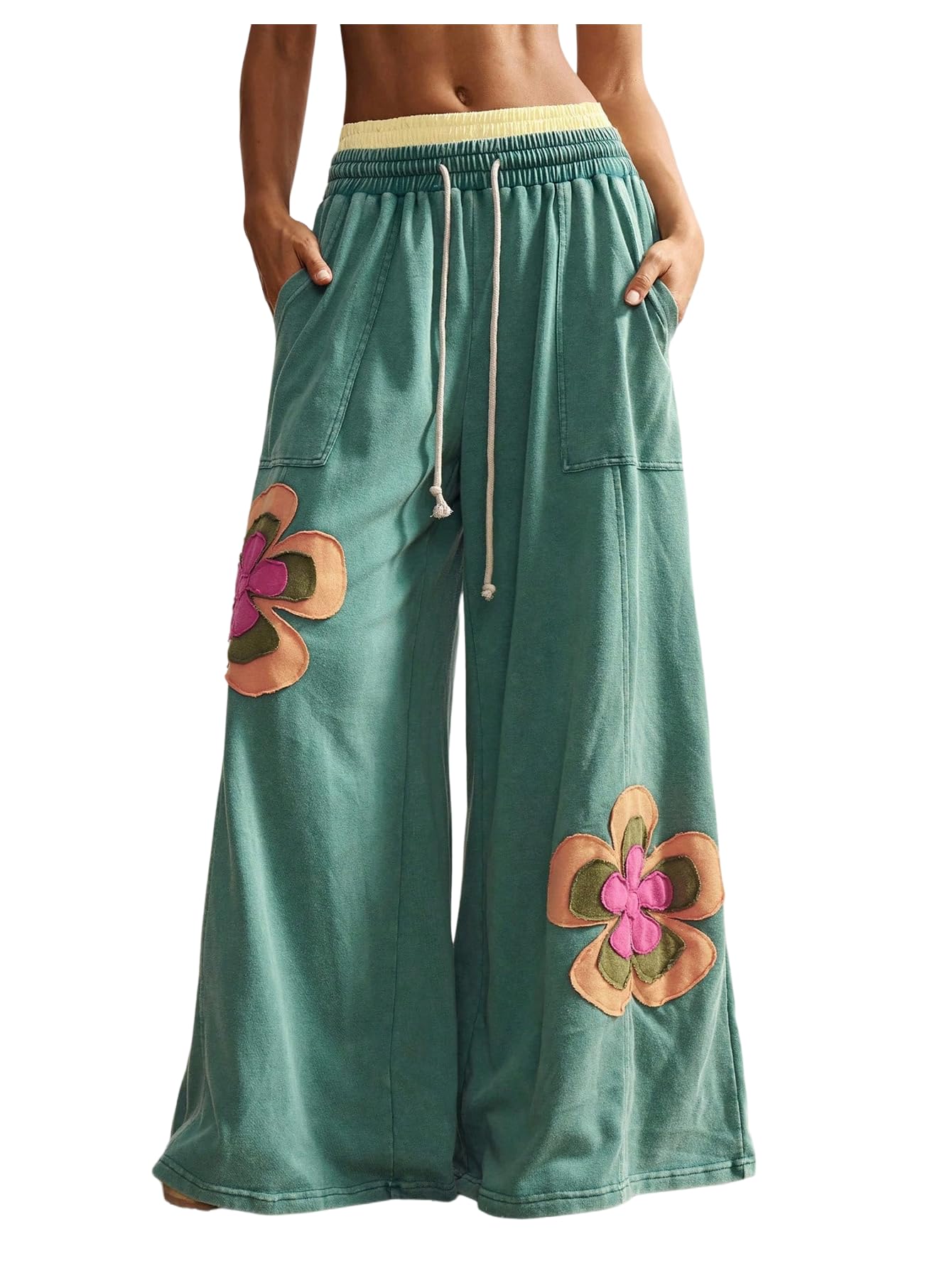 Womens Y2K Floral Boho Baggy Pants Wide Leg Sweatpants Low Rise Pant Elastic Waist Trousers with Pocket