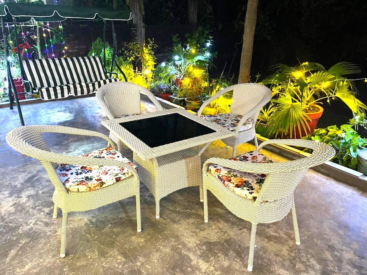 PRATHAM India Patio Chair Sets Wicker Garden Indoor Outdoor Patio Balcony Coffee Table Set Furniture (White STR with Multicolor Cushion)-image-34