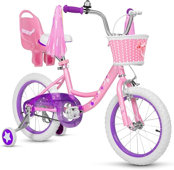 WEIZE Girls Bike for 3-12 Years Old Kids, 14 16 20 Inch Kids Bike with Training Wheels, Streamers, Basket and Doll Seat, Children Bicycles with Coaster Brake, Multiple Colors
