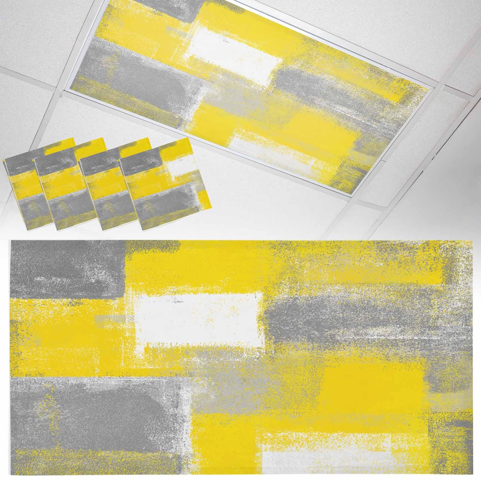 Wowouhiya 4 Pack Fluorescent Light Cover for Ceiling Lights, Yellow Grey Magnetic Classroom Light Filters 4x2 Feet, Rustic Mottled Oil Painting Abstract Texture Decorative Ceiling Shade Panel
