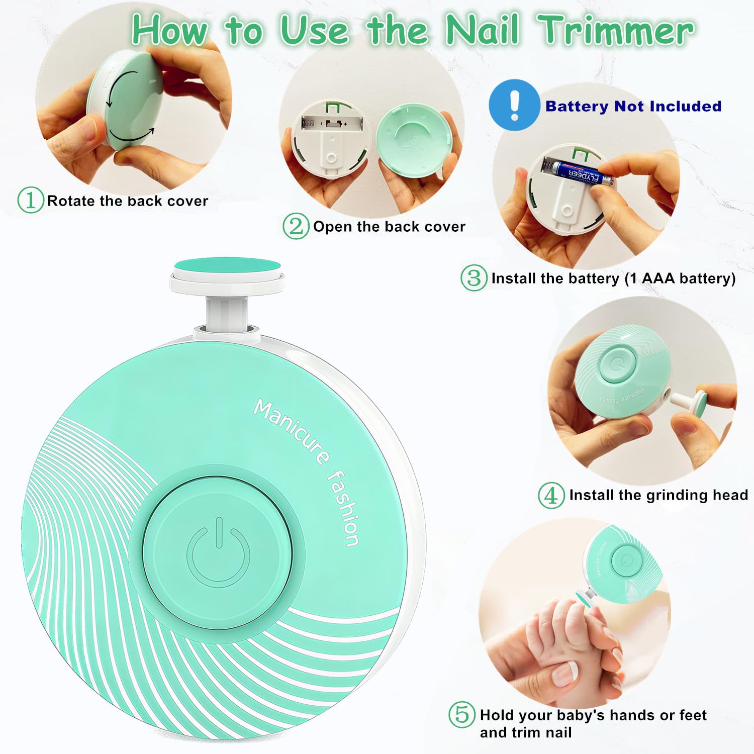 Lima eléctrica de uñas para bebé con 6 cabezales de molienda, seguro y silencioso, kit de cuidado de uñas para recién nacidos, niños y adultos, funciona con pilas (no incluidas), color verde