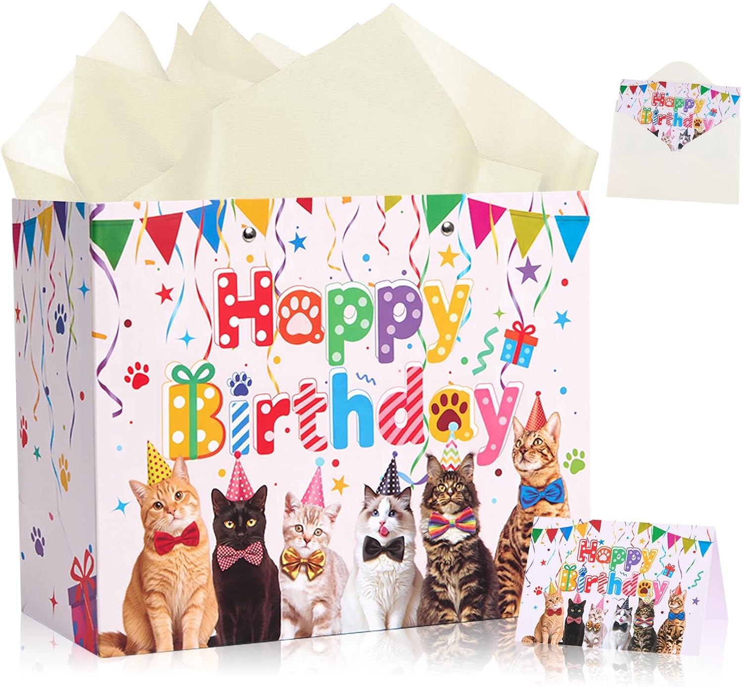 Cat Birthday Gift Bag with Tissue Paper Card Envelop, Kitty Gift Bag 12"