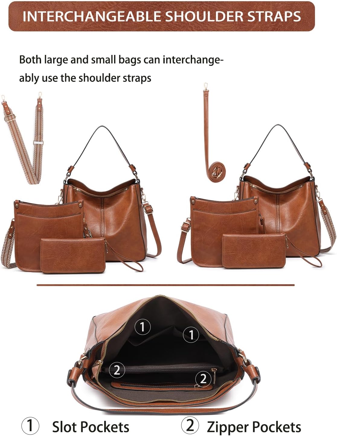 Purses for Women 3PCS, Crossbody Bags Set Large Leather Purse Shoulder Handbags with Wallet Adjustable Straps for Ladies Tote - Image 6